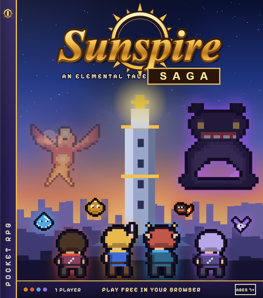 Box art front: the four adepts face the Sunspire, with the Phoenix and the Shadow Wyrm in the sky