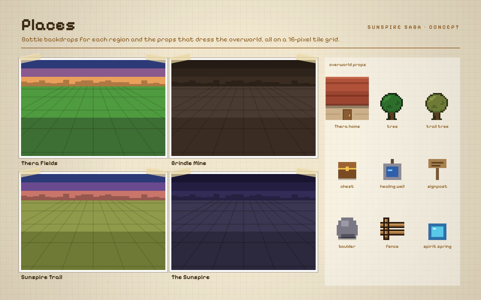 Concept sheet of battle backgrounds and overworld props